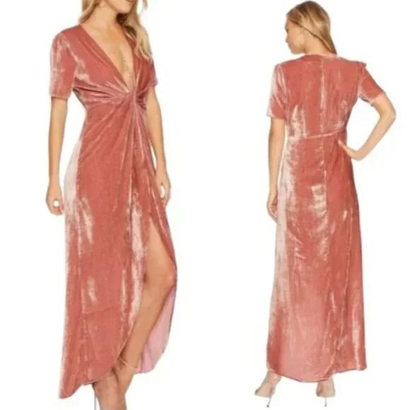 NWT J.O.A. Dusty Pink Crushed Velvet Twist Front Maxi Dress High-Low Size XS - Picture 3 of 7